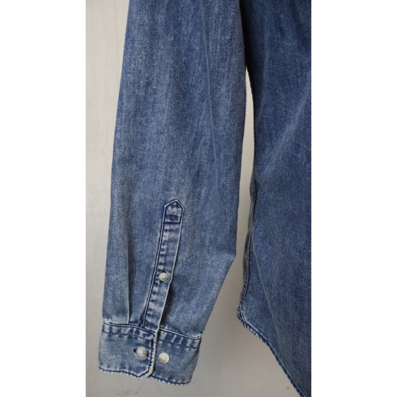 Mens EXPRESS Blue Shirt Size M Button Front Cotton Denim Loop Native Aztec 15.5 - Picture 5 of 9
